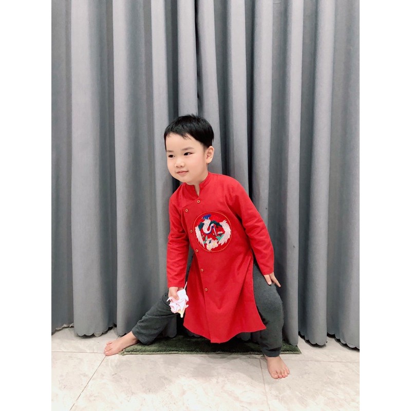 Áo dài vải linen/ đũi bé trai thêu chim