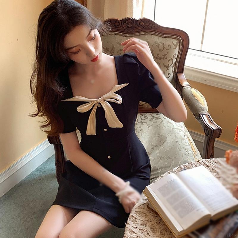 Đầm Ngắn Tay Màu Trơn Phối Nơ Xinh Xắn Theo Phong Cách Hàn Quốc