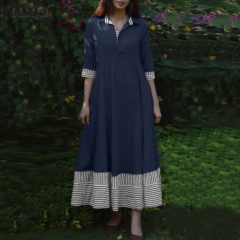 Đầm maxi ZANZEA tay lửng kẻ sọc cổ bẻ dáng rộng thời trang cho nữ