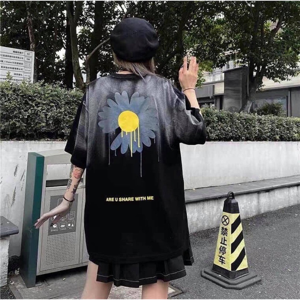 Áo Phông Unisex Tay Lỡ Loang Màu Hình Hoa Cúc