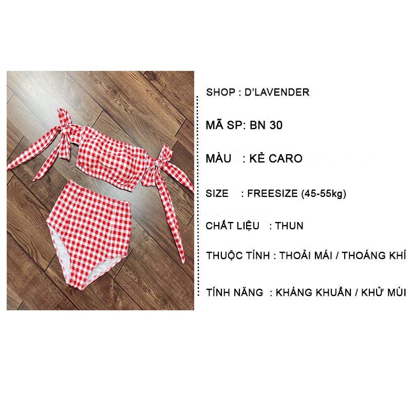 Bikini 2 Mảnh , Đồ Bơi Nữ Đi Biển Caro Nơ Vai Đỏ Quần Cạp Cao D'LAVENDER BKN 30