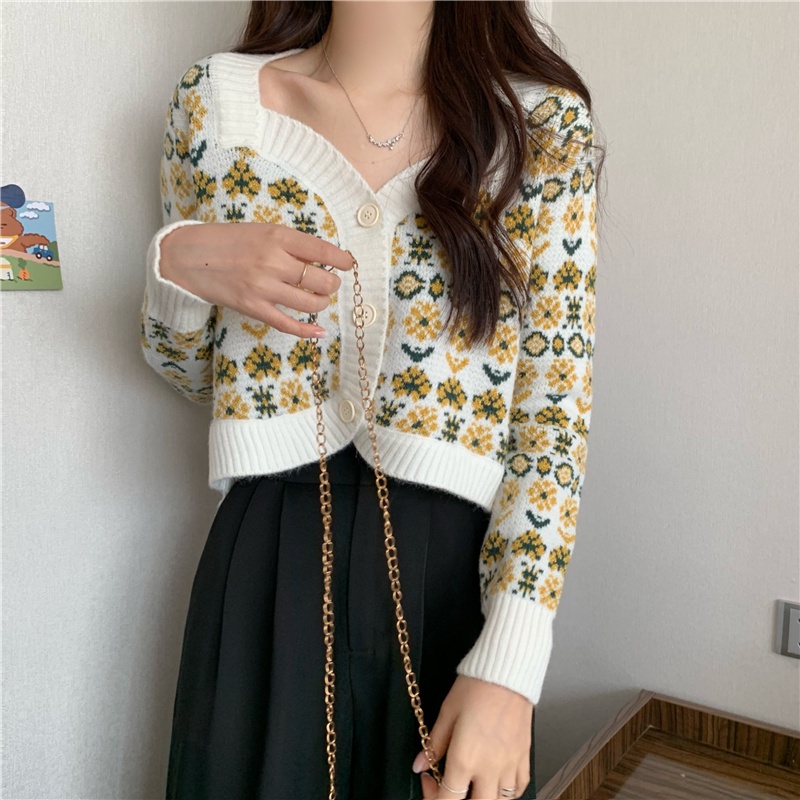 IELGY    Áo Khoác cardigan Dệt Kim Tay Dài In Họa Tiết Hoa Phong Cách Nhật Bản Cho Nữ