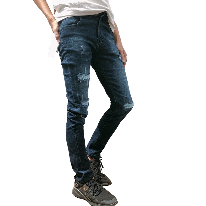[Mã LT50 giảm 50k đơn 250k] Quần jean dài nam LB màu xanh rách đắp gối màu xanh jean phom body DNBB021 | BigBuy360 - bigbuy360.vn