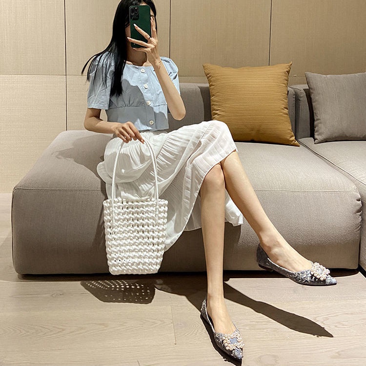 Giày Búp Bê Mũi Nhọn Đế Bằng Đính Ngọc Trai Giả Plus Size 34-44 Thời Trang 2022 Cho Nữ