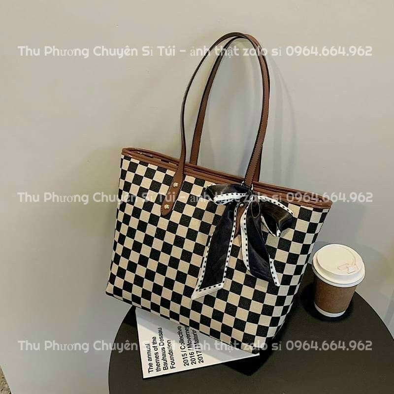 Túi Xách Nữ, Túi Công Sở Nơ Đi Chơi, Đi Làm Hoạ Tiết Kẻ Ô Size To Đựng Được Nhiều Đồ (tặng kèm khăn)