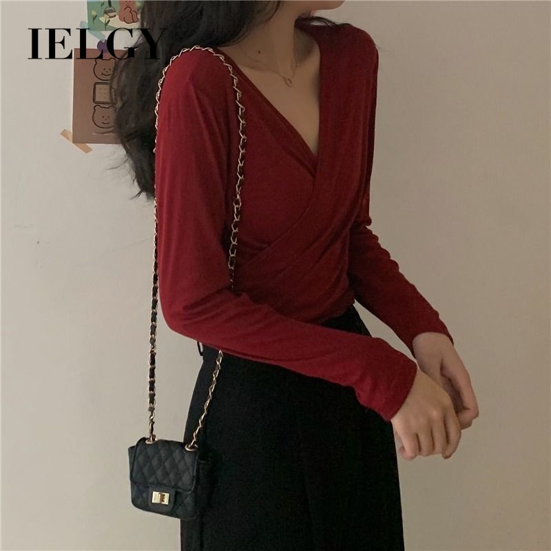 Áo thun ngắn IELGY ôm sát tay dài cổ chữ V thiết kế thời thượng cho nữ