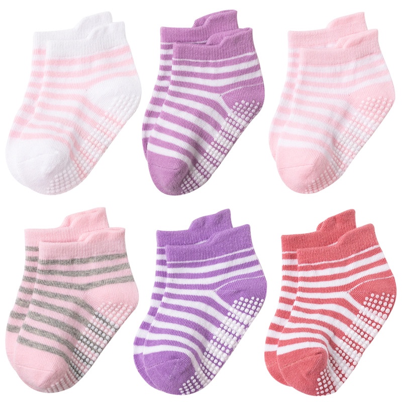Set 6 đôi vớ cotton kẻ sọc ô lưới chấm bi chống trơn cho bé trai gái trẻ sơ sinh 0-3 tuổi