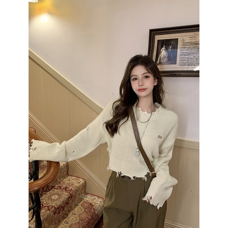 Áo Dệt Kim Tay Dài Dáng Ôm Rách Cá Tính Thời Trang Phong Cách Hàn Quốc Cho Nữ