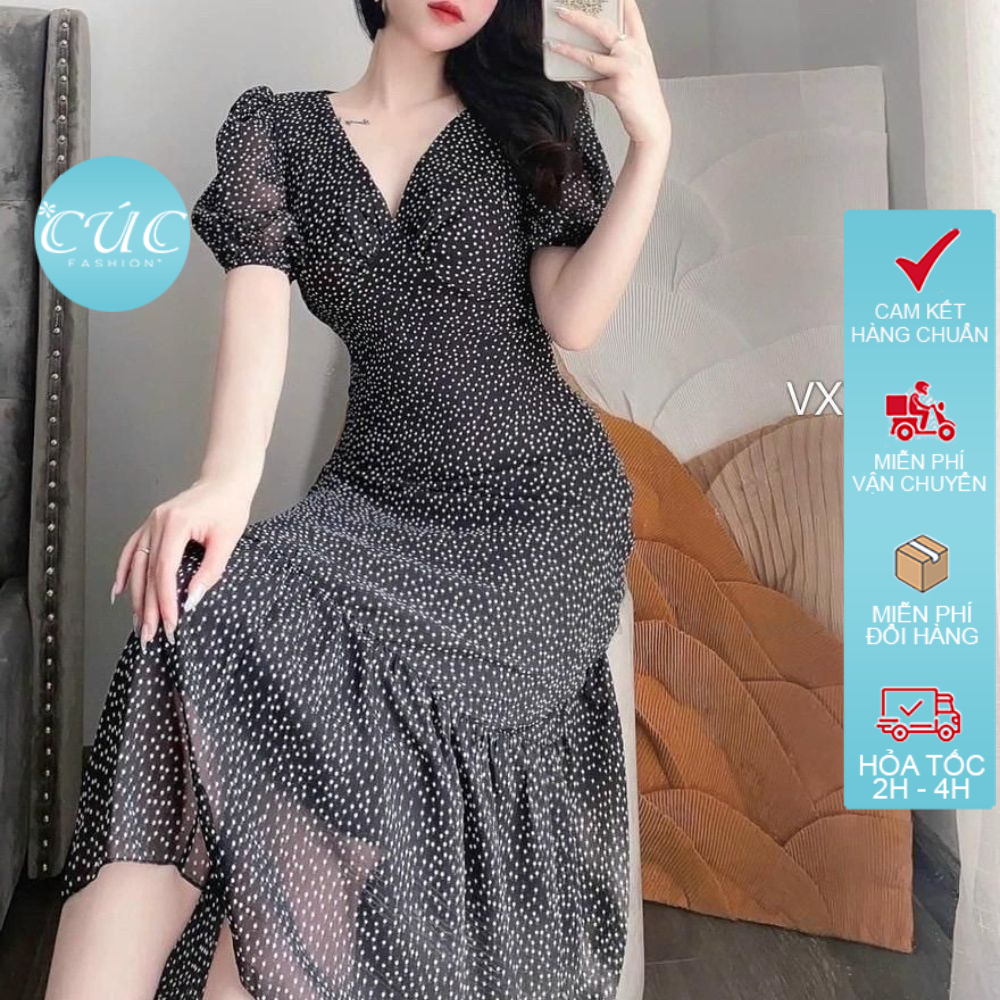 Đầm nữ Cúc Fashion babydoll đẹp vải chất lụa cao cấp trắng nữ nhiều màu đi dự tiệc váy liền thân chấm bi nhỏ vx700