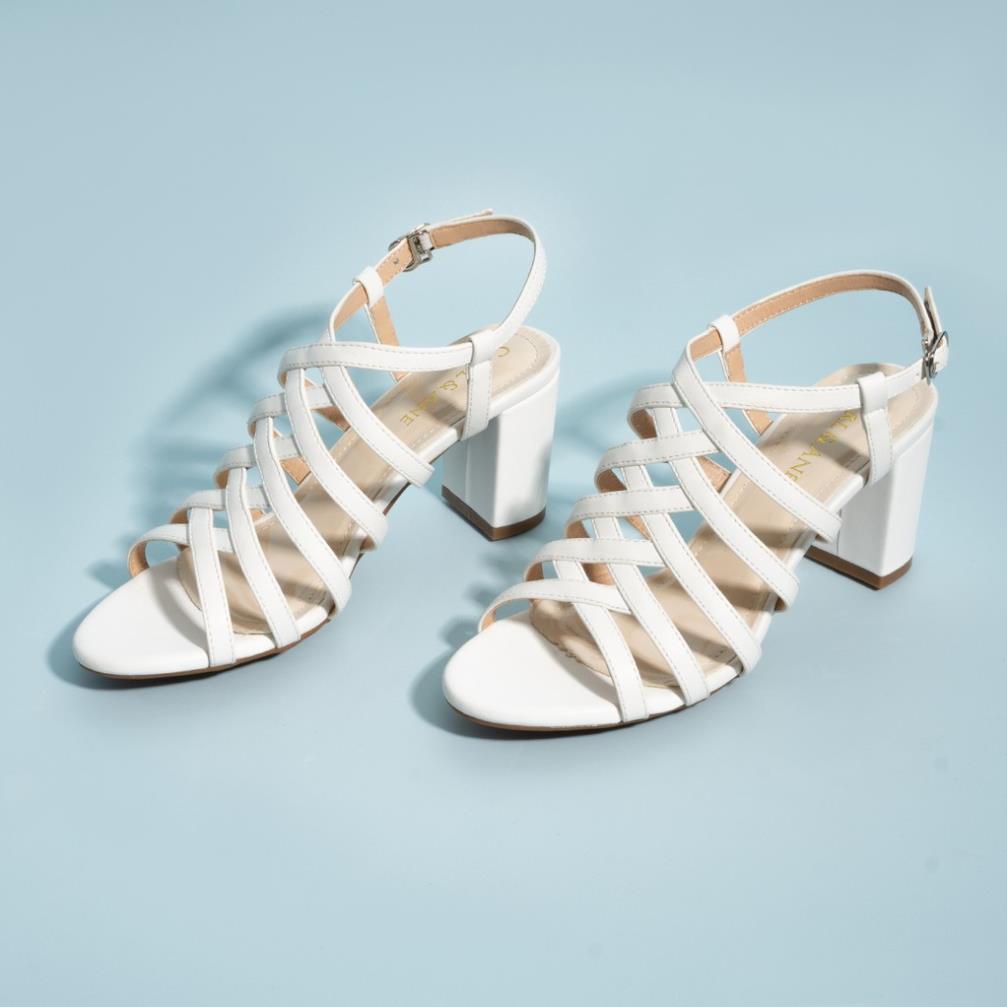 Giày Sandal Chiến Binh Gót Cao Đế Vuông 7 Cm Mũi Tròn Thời Trang Nữ Trẻ Trung 3 Màu Đen, Trắng, Kem -H&*1