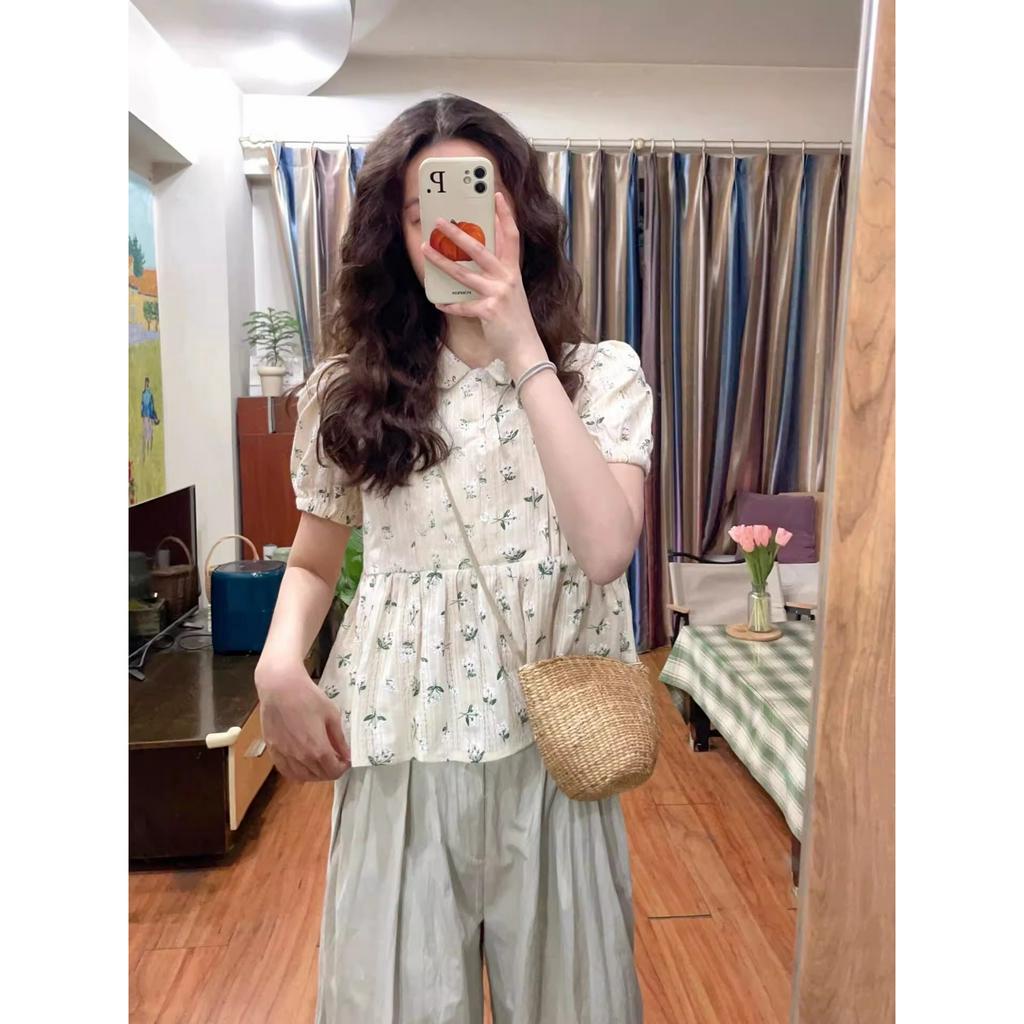 Xiaozhainv Áo Sơ Mi Tay Ngắn Cổ Búp Bê In Họa Tiết Hoa Phong Cách Pháp Thời Trang Mùa Hè Cho Nữ