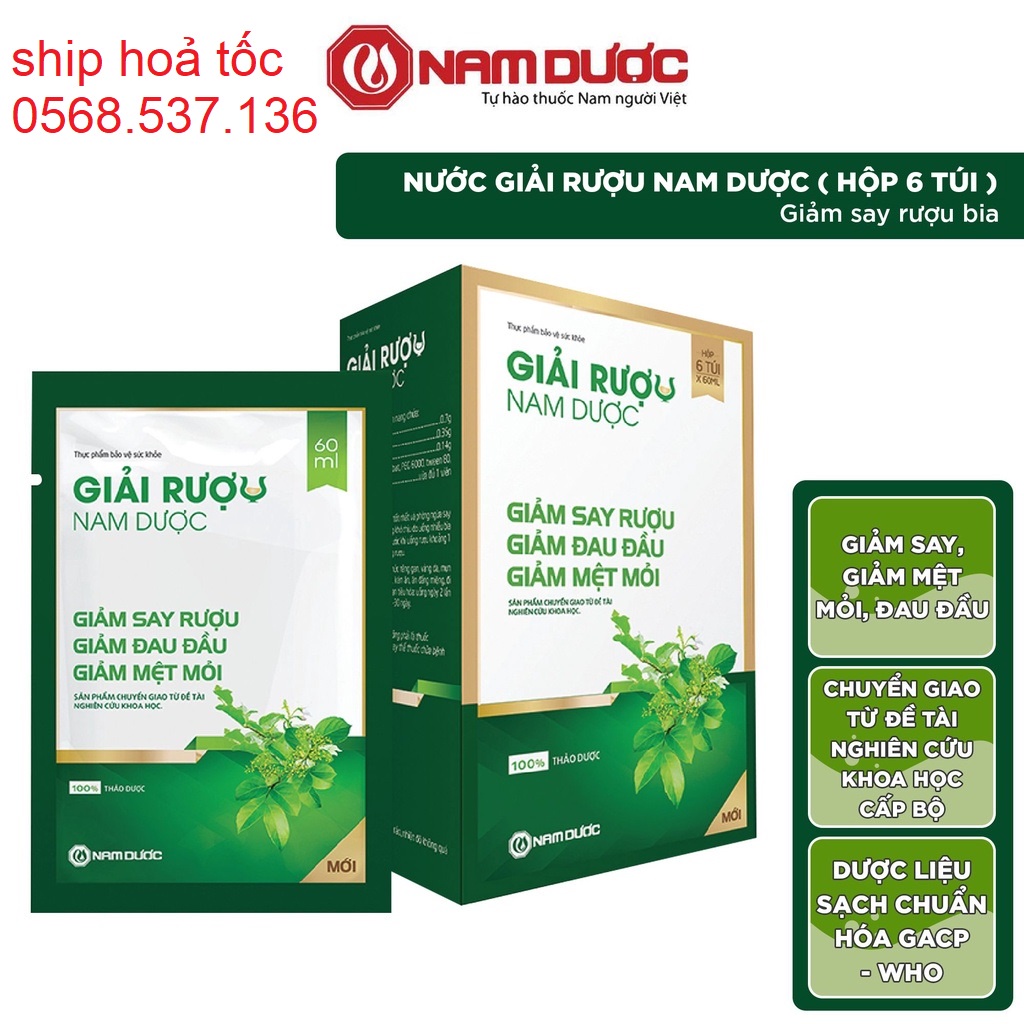 Nước giải rượu Nam Dược hộp 6 túi - Giảm say, giảm triệu chứng khó chịu, tăng cường chức năng giải độc bảo vệ gan