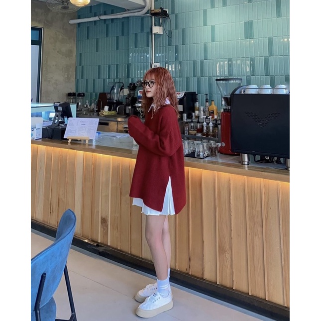 SET ĐẦM SƠ MI TRẮNG + ÁO ĐỎ CHUI ĐẦU XẺ TÀ FORM GIẤU QUẦN