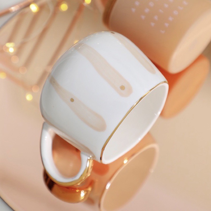 Ly cốc mug thấp bằng sứ, màu pastel, viền mạ vàng 350ML