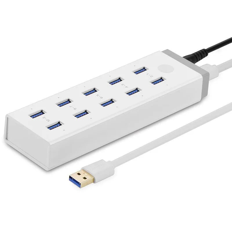 Bộ chia Hub USB 3.0*10 Ports Hỗ trợ cổng nguồn màu Trắng UGREEN 20297 20296 CR117 CR116
