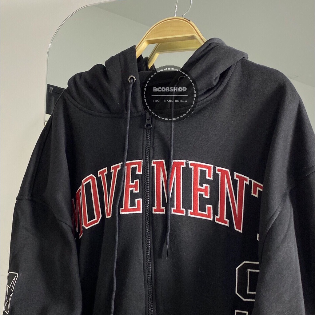 Áo Khoác Hoodie Kéo Khóa Zip Thêu chữ Movement Màu Đen Chất Vải Nỉ Bông