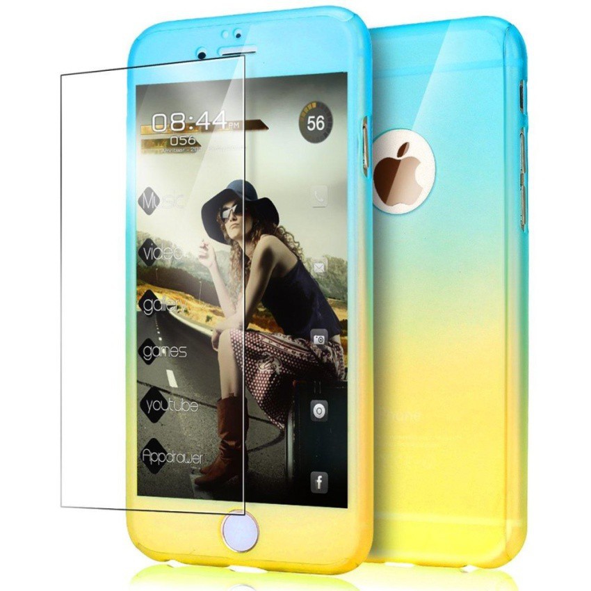 Ốp lưng PC cứng 360° 3 trong 1 bảo vệ toàn diện màu gradient cho iPhone 6 Plus/6s Plus kèm kính cường lực