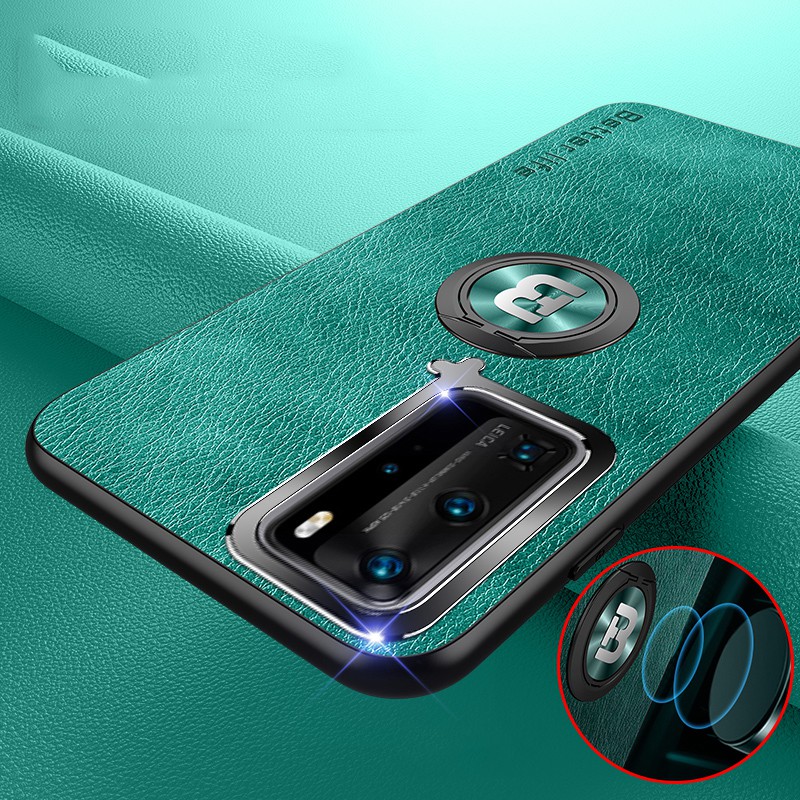 Ốp điện thoại da mềm siêu mỏng có giá đỡ hình nhẫn từ tính miếng kim loại bảo vệ camera cho Huawei P40 P30 P20 Pro