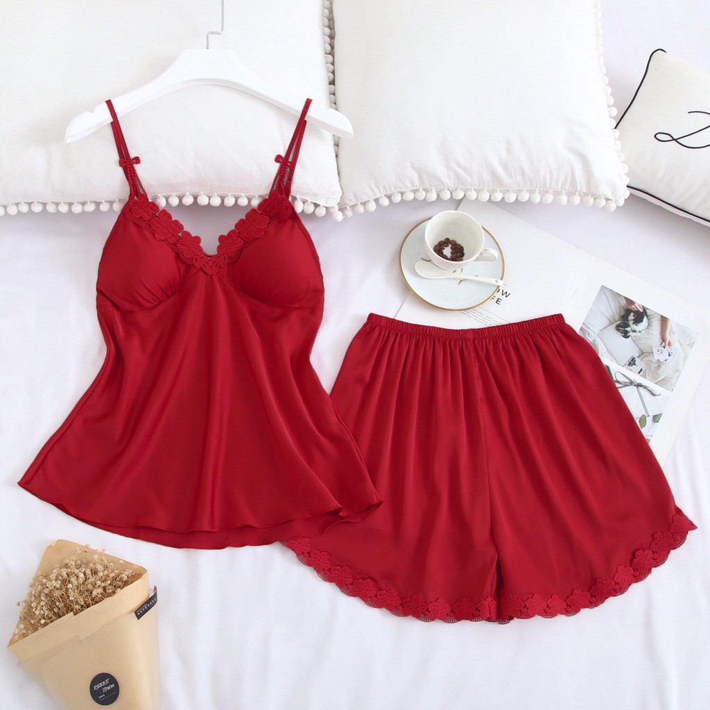 Đồ Bộ Ngủ Lụa Satin Cao Cấp Mặc Nhà Có Mút Ngực Đủ Size Dưới 85Kg AS-28