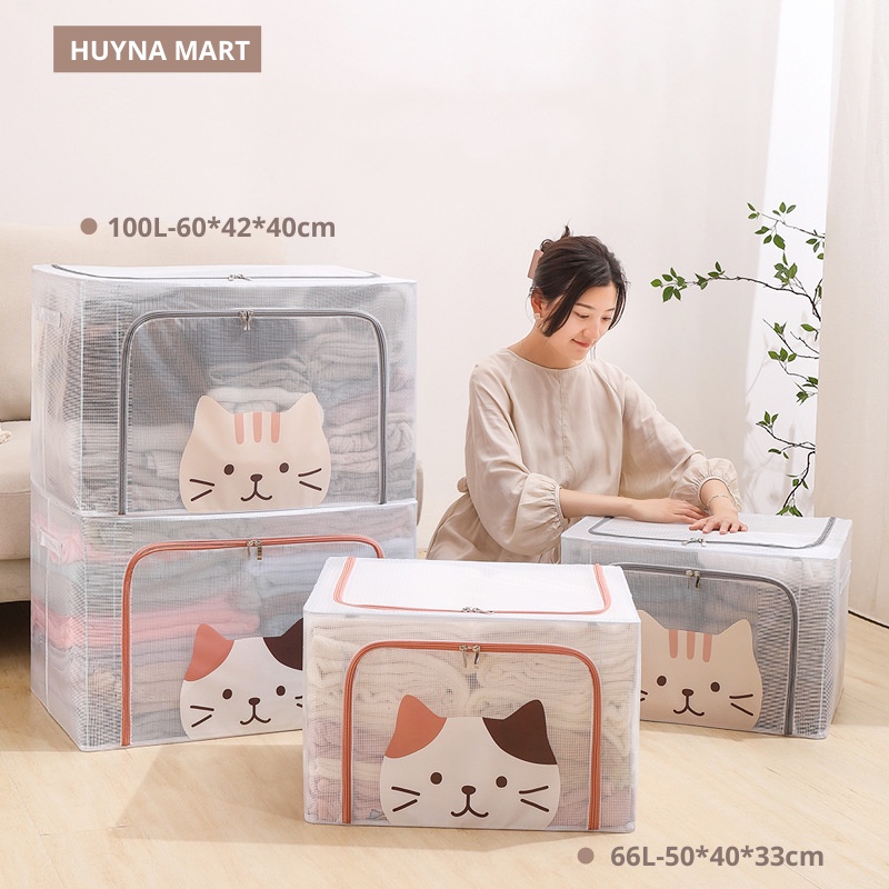 Túi Đựng Quần Áo Chăn Màn Khung Thép Trong Suốt, Cỡ Lớn, Có Thể Gấp Gọn 66L-100L Huyna Mart TD25