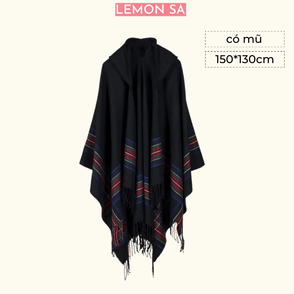Áo choàng len mùa đông ấm màu đen có mũ size 150*130cm - Mã LE27