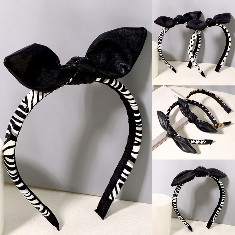 Băng Đô Nơ Bằng Da Họa Tiết Da Báo / Kẻ Sọc / Chấm Bi Dành Cho Nữ