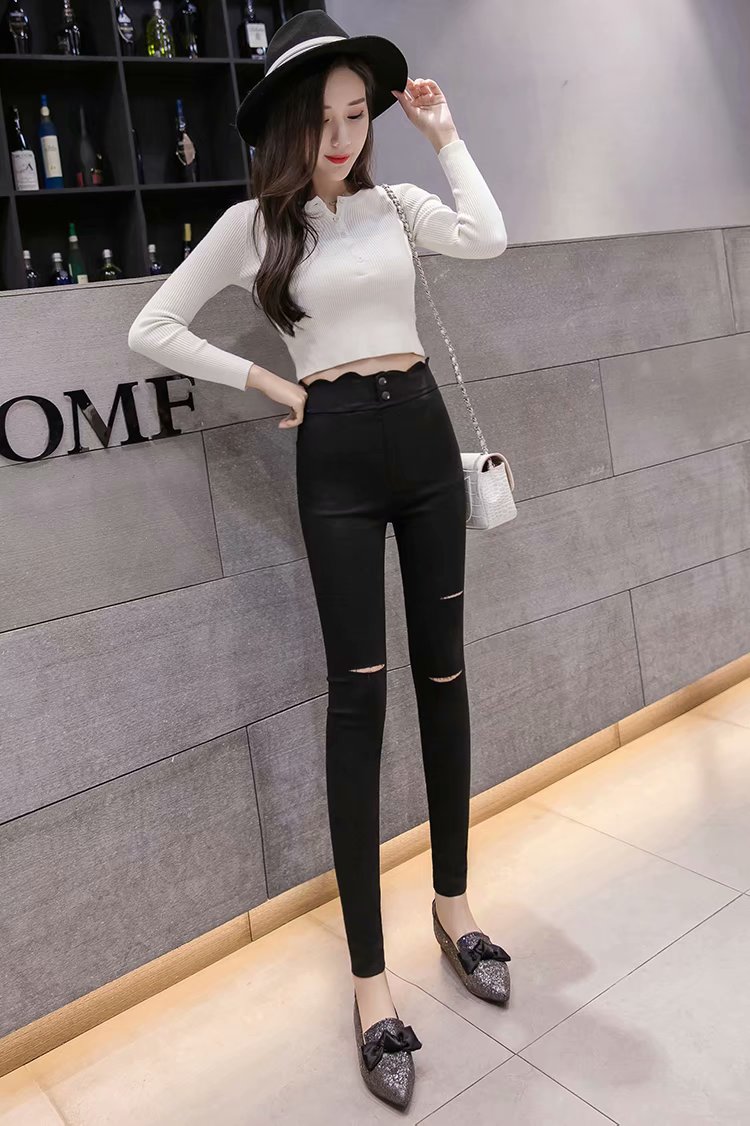 Đen Quần Legging Lưng Cao Co Giãn Ôm Dáng Rách Gối Thời Trang Xuân Thu Cho Nữ