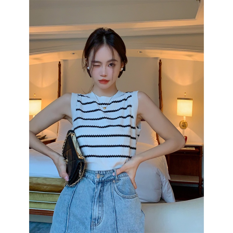 Áo sát nách XIAOZHAINV dệt kim dáng rộng họa tiết kẻ sọc màu đen/ màu trắng thời trang mùa hè dành cho nữ