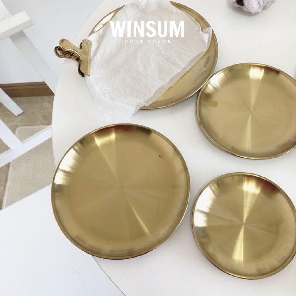 Đĩa kim loại màu vàng đồng đựng trang sức mỹ phẩm, khay inox chống gỉ - Winsum.decor