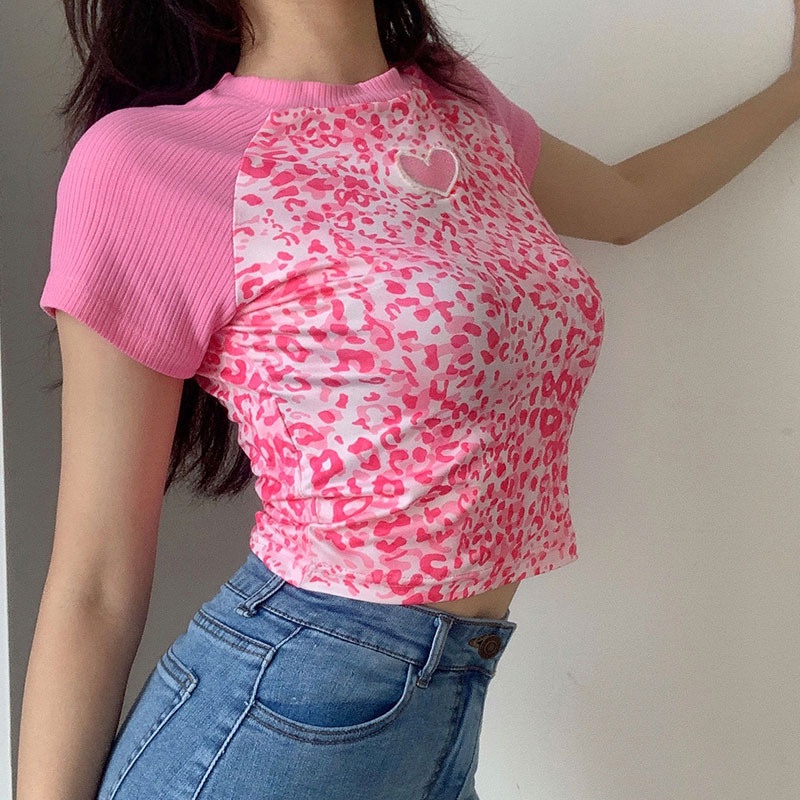 Áo Thun Croptop Tay Ngắn Thêu Họa Tiết Da Báo Thời Trang Mùa Hè Cho Nữ