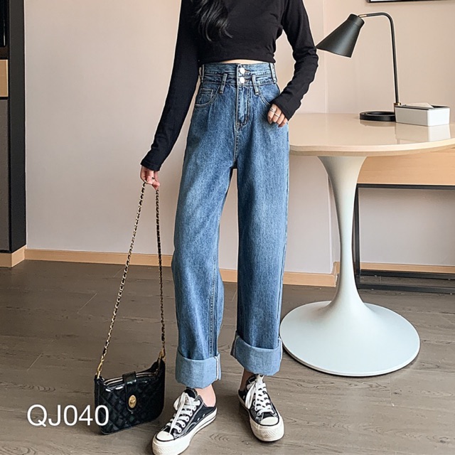 QJ040 - QUẦN JEAN BAGGY NỮ 2 NÚT LƯNG CAO ỐNG RỘNG