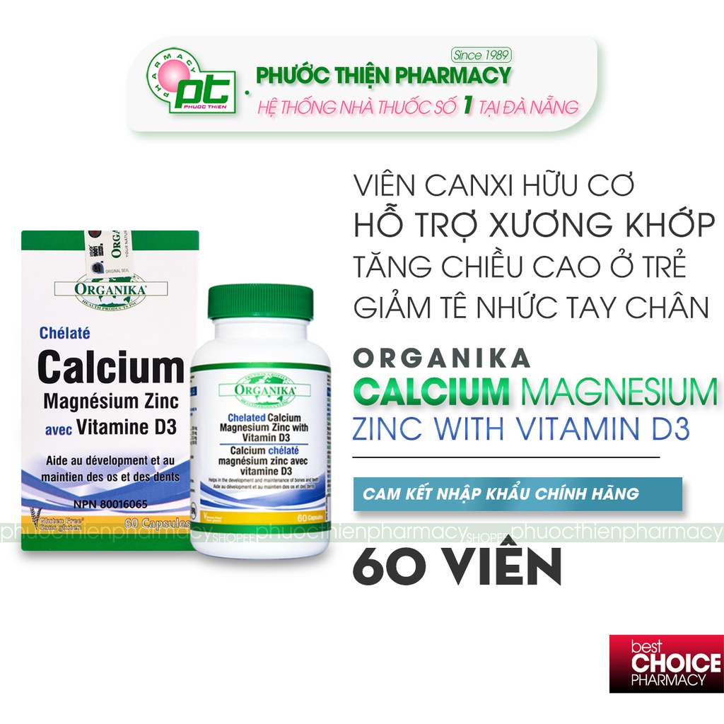 Canxi hữu cơ cho bà bầu, người lớn Organika Calcium Magnesium Zinc D3 lọ 60 viên - tăng chiều cao cho bé
