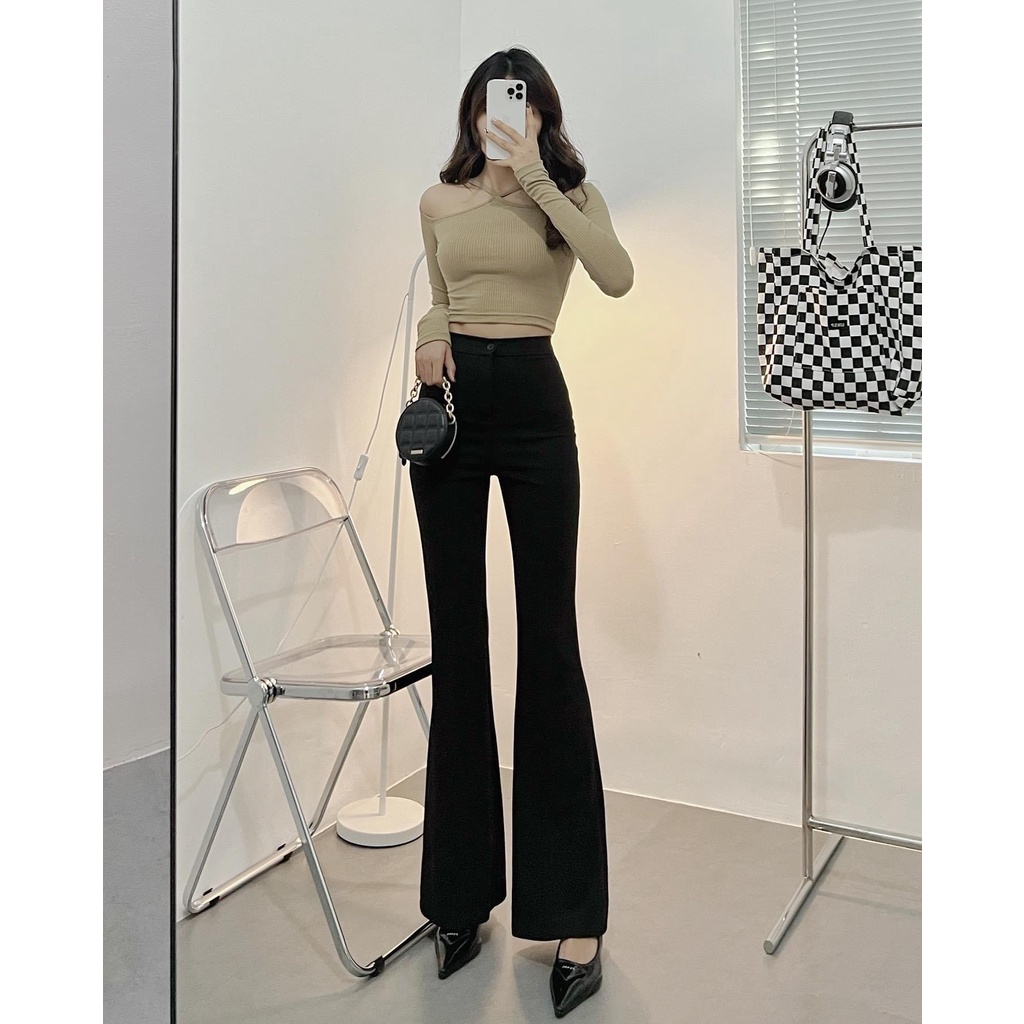 Áo croptop nữ tay dài HHVINTAGE kiểu yếm khoét vai thun co giãn Top A29