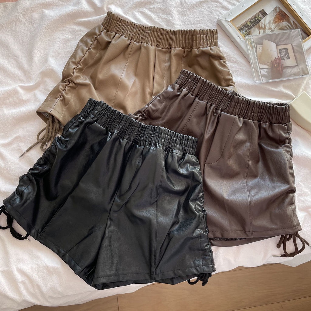 Quần Short Da Mỏng Lưng Thun Cao Ống Rộng Phối Dây Cột Hai Bên Thời Trang Dành Cho Nữ