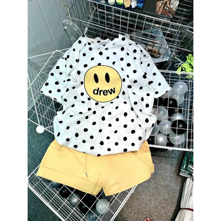 Sét bộ áo thun form rộng chấm bi mặt chữ phối quần đùi cực xinh , chất thun coton dày dặn
