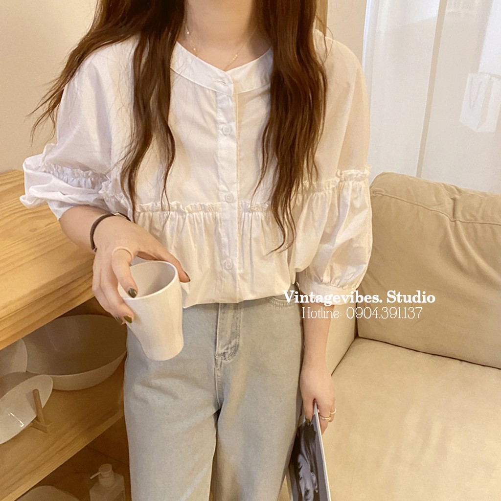 Áo babydoll cổ tròn phối bèo thanh lịch (hàng QC) - Ảnh thật