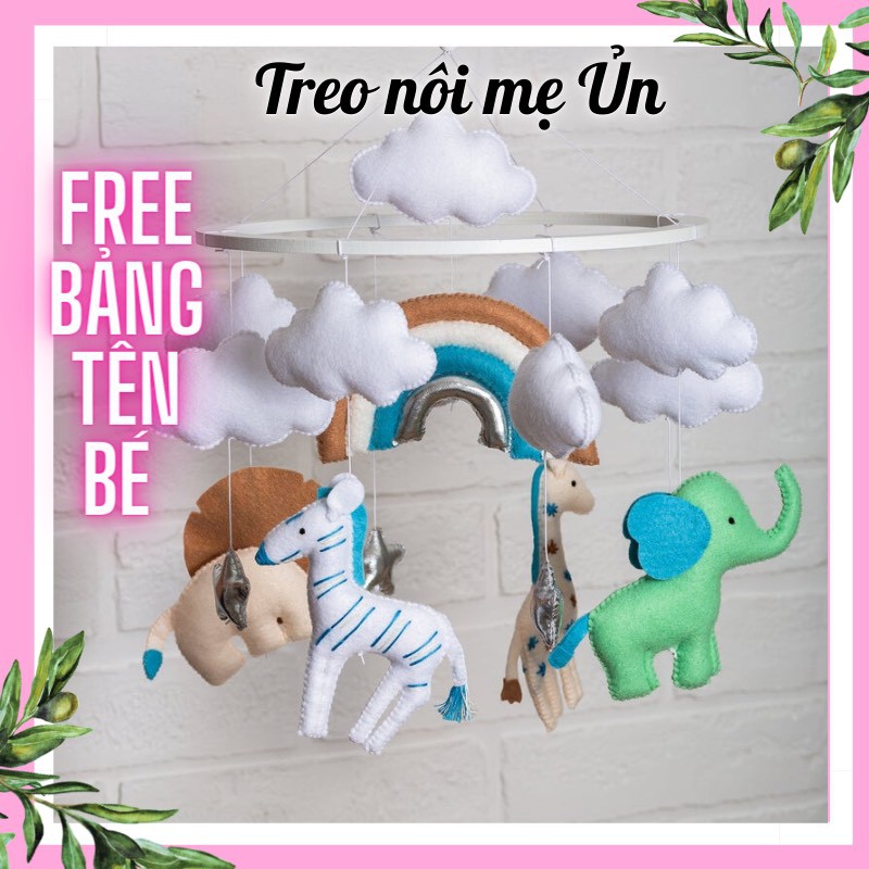 Đồ chơi treo nôi cũi kích thích thị giác cho bé sơ sinh, treo nôi đen trắng tự xoay phát nhạc mẫu CẦU VỒNG VÀ THÚ XANH