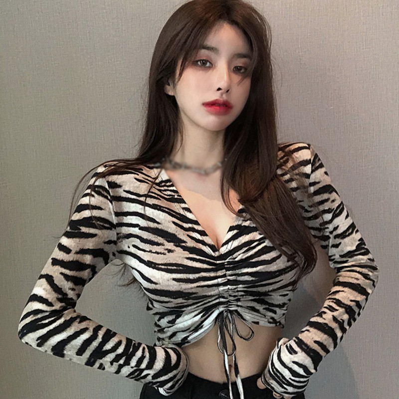 Áo Croptop dài tay cổ V họa tiết ngựa vằn thời trang quyến rũ cho nữ