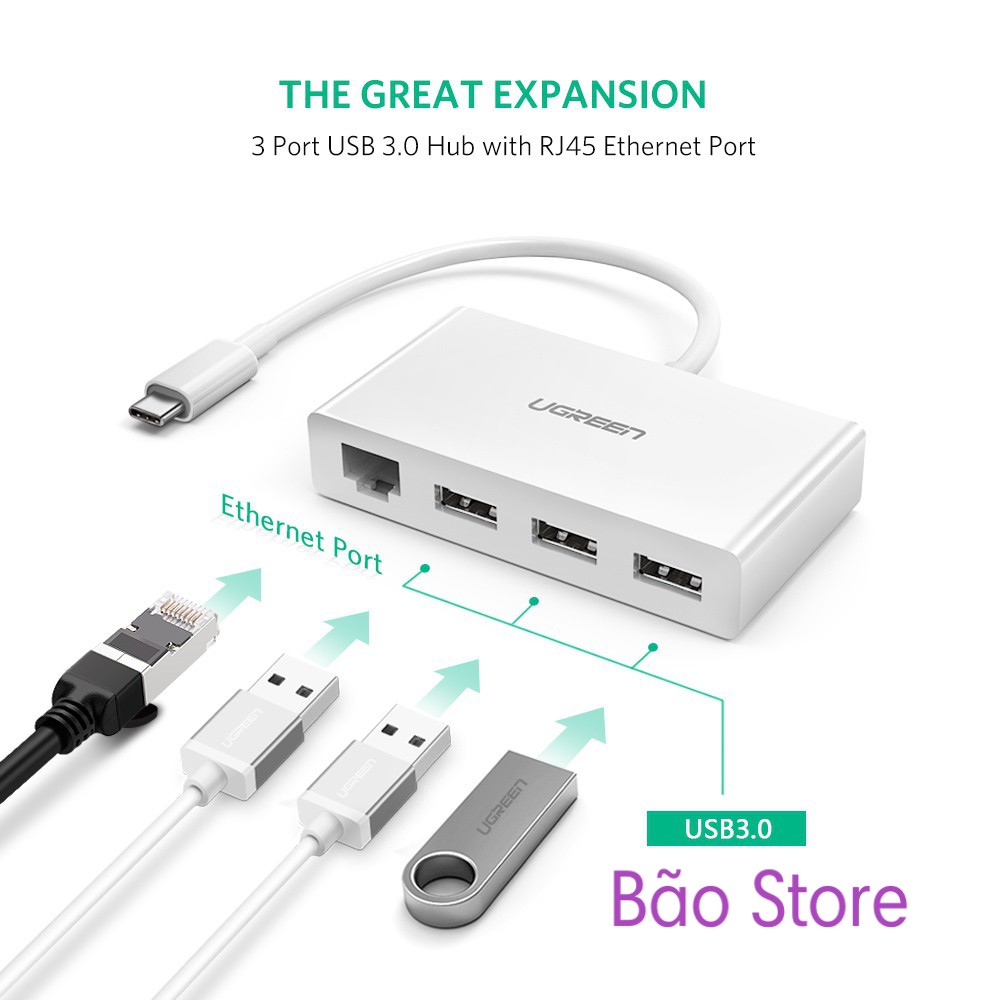 BỘ CHIA USB [Freeship] CHIA USB TYPE C SANG HUB USB 3.0 + ETHERNET UGREEN (40382)