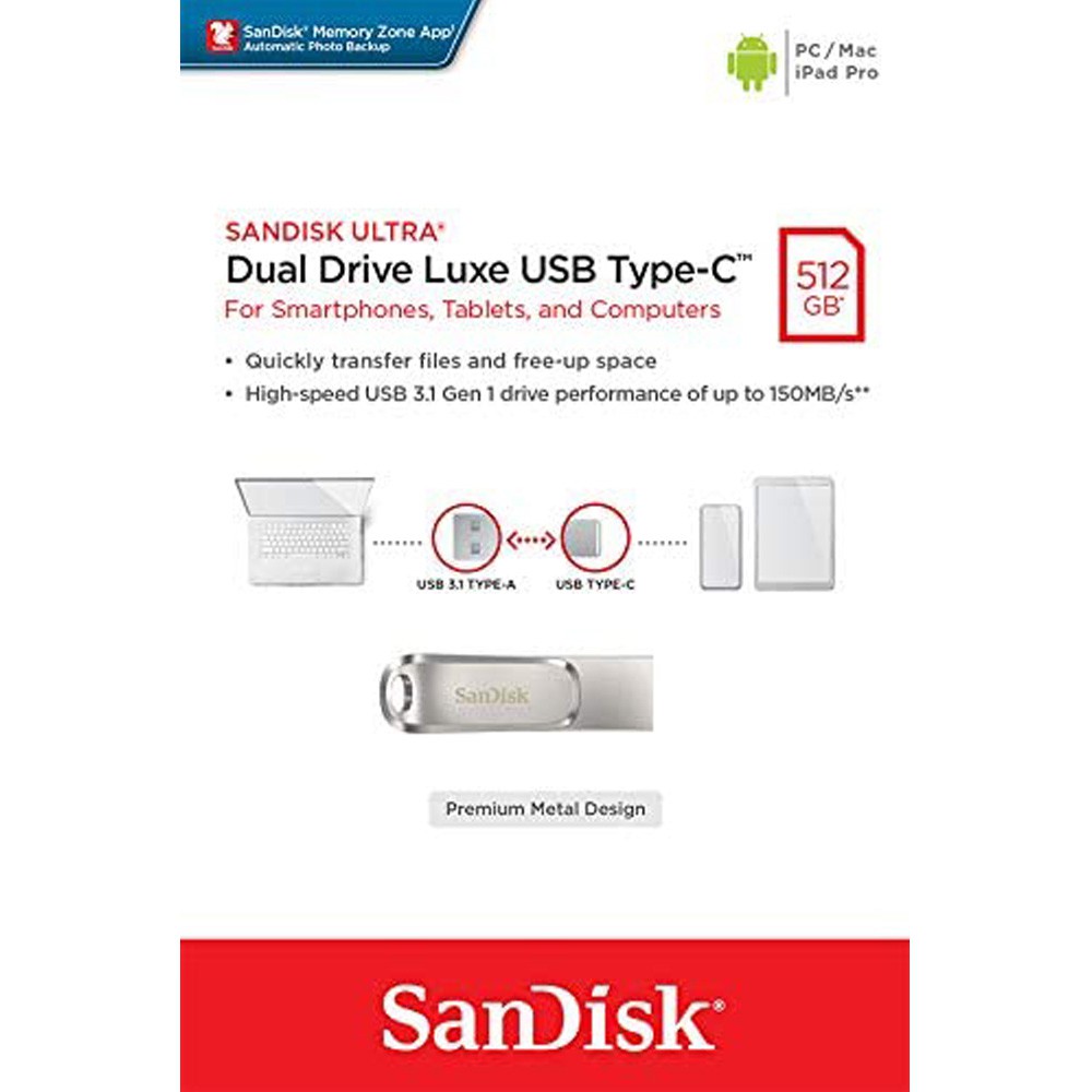 USB 3.1 Sandisk Ultra Dual Drive Luxe OTG Type-C DDC4 512GB OTG SDDDC4-512G-G46