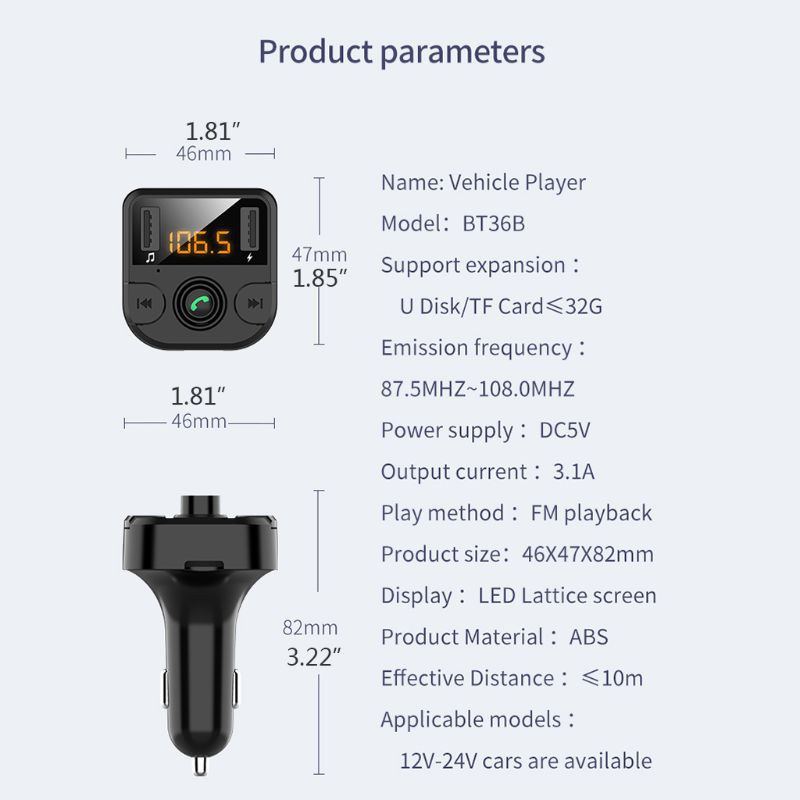 SHAS Dual USB Car Charger with FM Transmitter Bluetooth Hands-free Wireless Radio Adapter Modulator Car Phone Charger for iPhone Samsung Huawei Cellphones Accessories