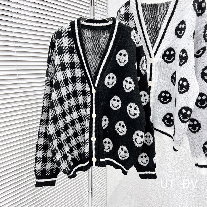Áo khoác cardigan nữ YUNA lông thỏ dáng rộng hoạ tiết mặt cười viền đen  phong cách Hàn Quốc, thời trang nữ YUNA_AK002