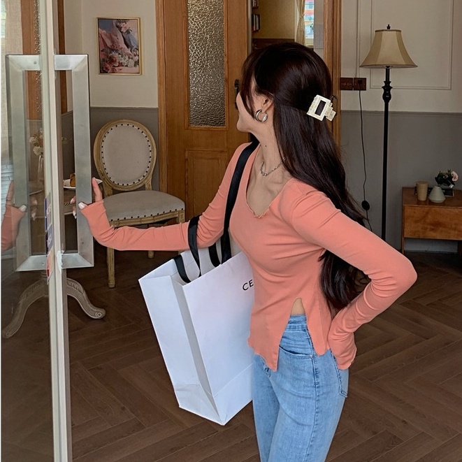 Áo Thun Tay Dài Ôm Dáng Xẻ Tà Thời Trang Mùa Hè Cho Nữ