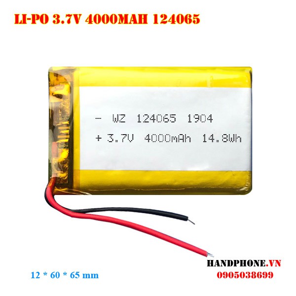 Pin Li-Po 3.7V 124065 4000mAh (Lithium Polyme) cho Loa Bluetooth, Điện Thoại, Máy Trắc Địa, Định Vị GPS, POS,Cửa Vân Tay
