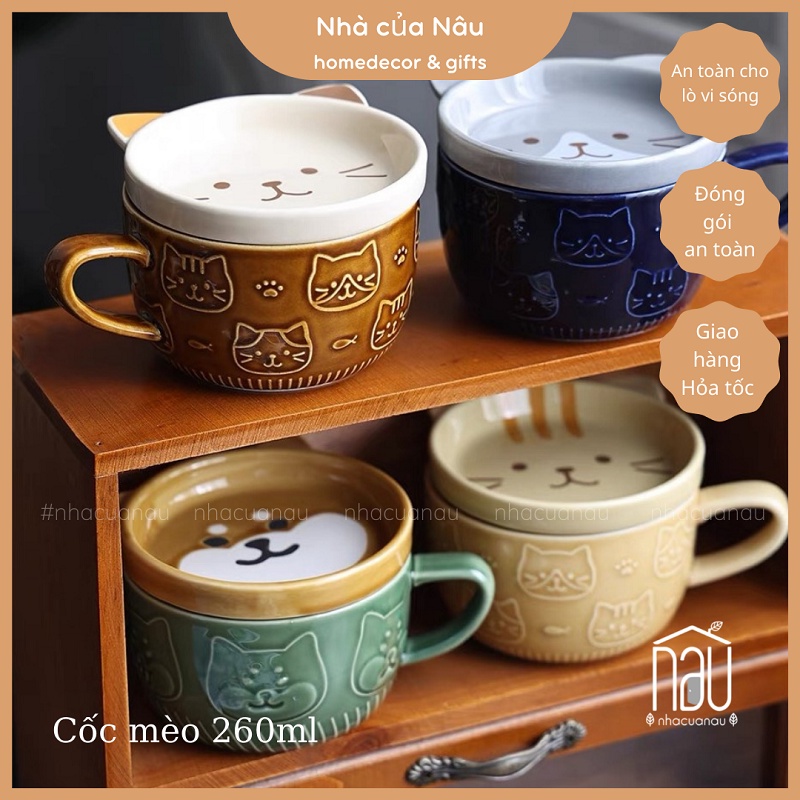 Cốc sứ hình mèo ngộ nghĩnh dễ thương kèm nắp sứ phù hợp làm cốc đôi làm quà cưới, tặng sinh nhật, cặp đôi