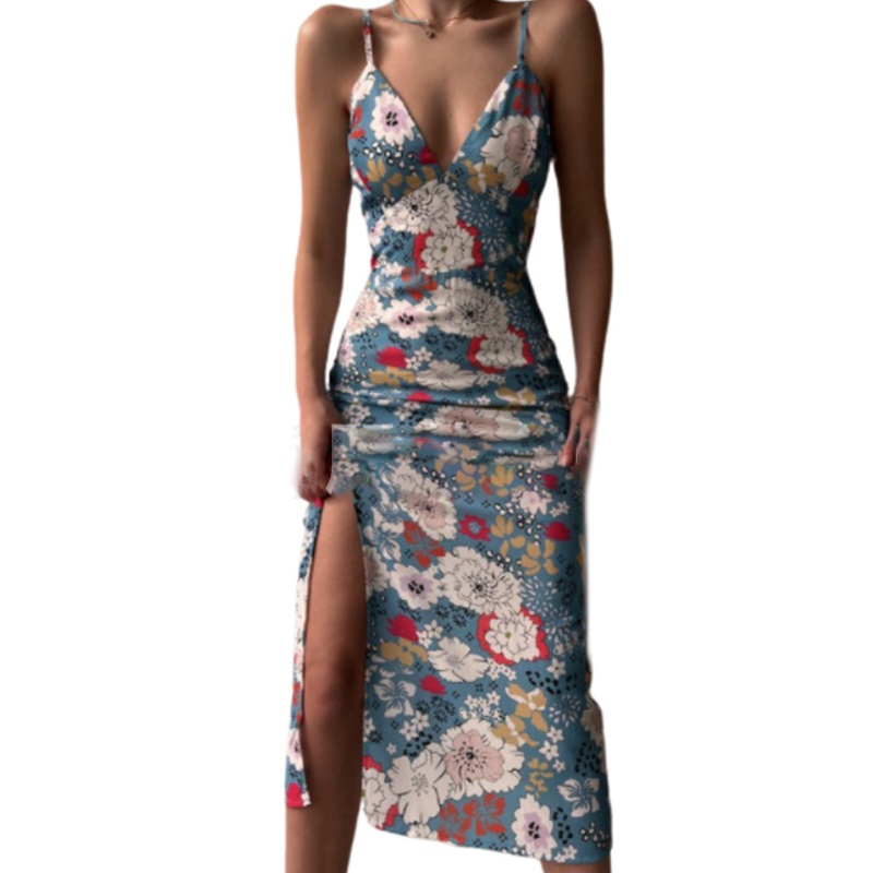 Đầm Midi Hai Dây Cổ Chữ V Hở Lưng Họa Tiết Hoa Xẻ Tà Gợi Cảm Cho Nữ