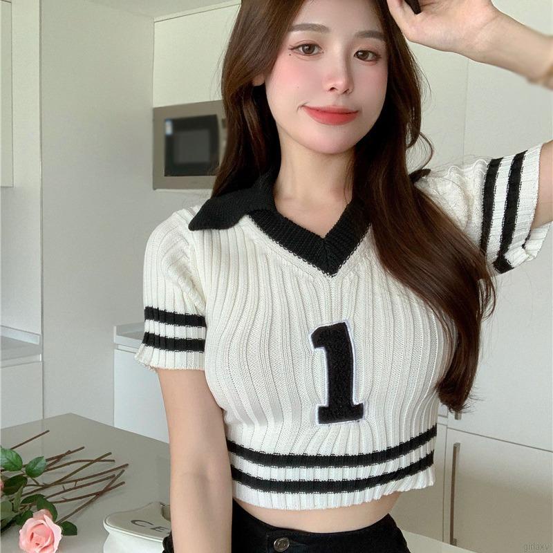 Áo croptop dệt kim ngắn tay cổ chữ v thời trang mùa hè dành cho nữ