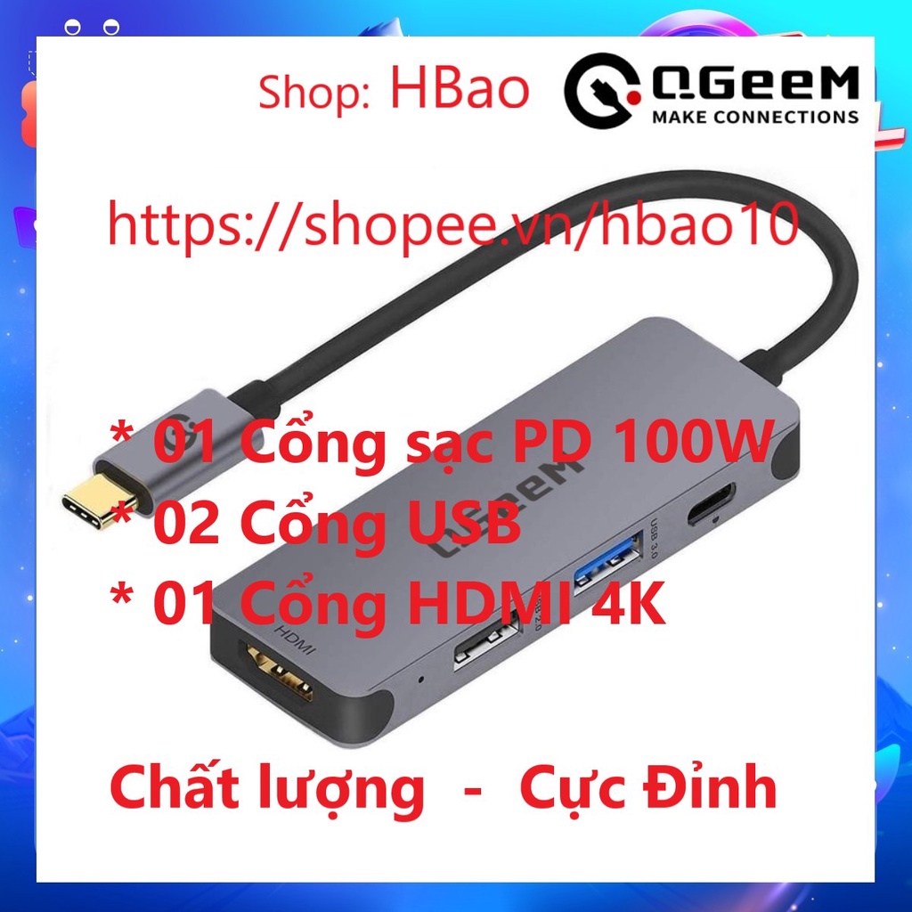 Bộ Hub QGeeM USB-C 4 trong1, 1xHDMI 4K, 1xUSB-C 100W PD Charger, 1xUSB 3.0, 1xUSB 2.0, tương thích với nhiều loại Latop