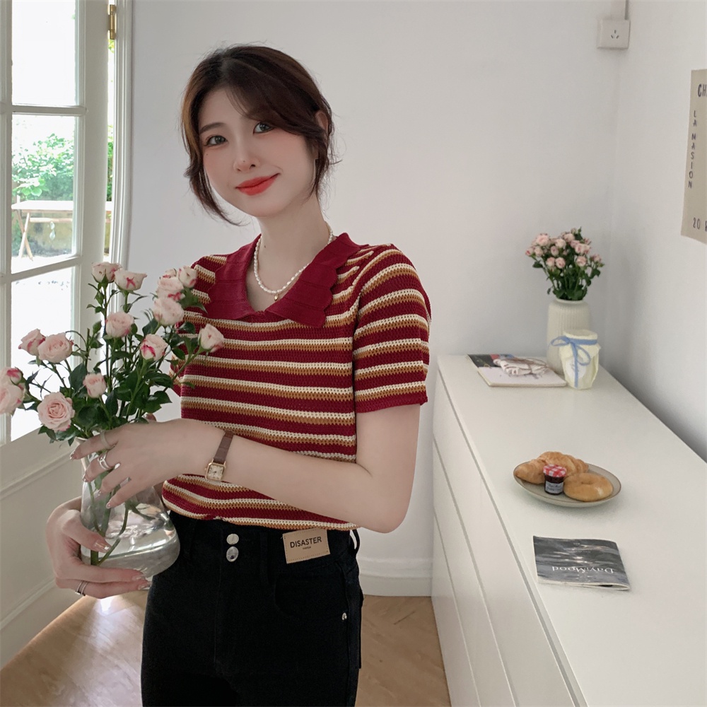 Áo thun polo ZHELIHANGFEI dệt kim ngắn tay kẻ sọc kiểu retro thời trang