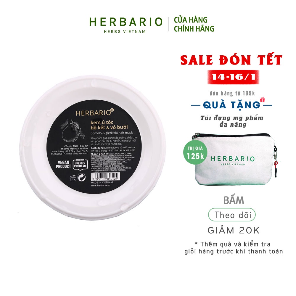 Kem ủ tóc bồ kết &amp; vỏ bưởi herbario 200ml giúp tóc óng ả, mềm mại